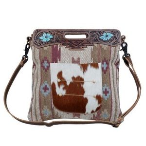 Myra ‘Azure Blossom’ Tooled Leather & Canvas Bag